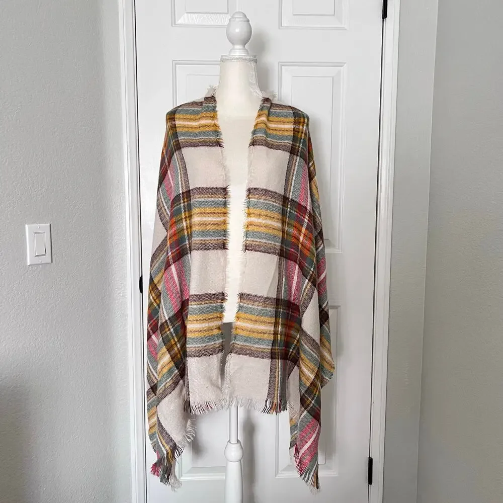 🍄 3/$15 Plaid Fringe Shawl Scarf Wrap Fall Colors Soft Lightweight Blanket Style